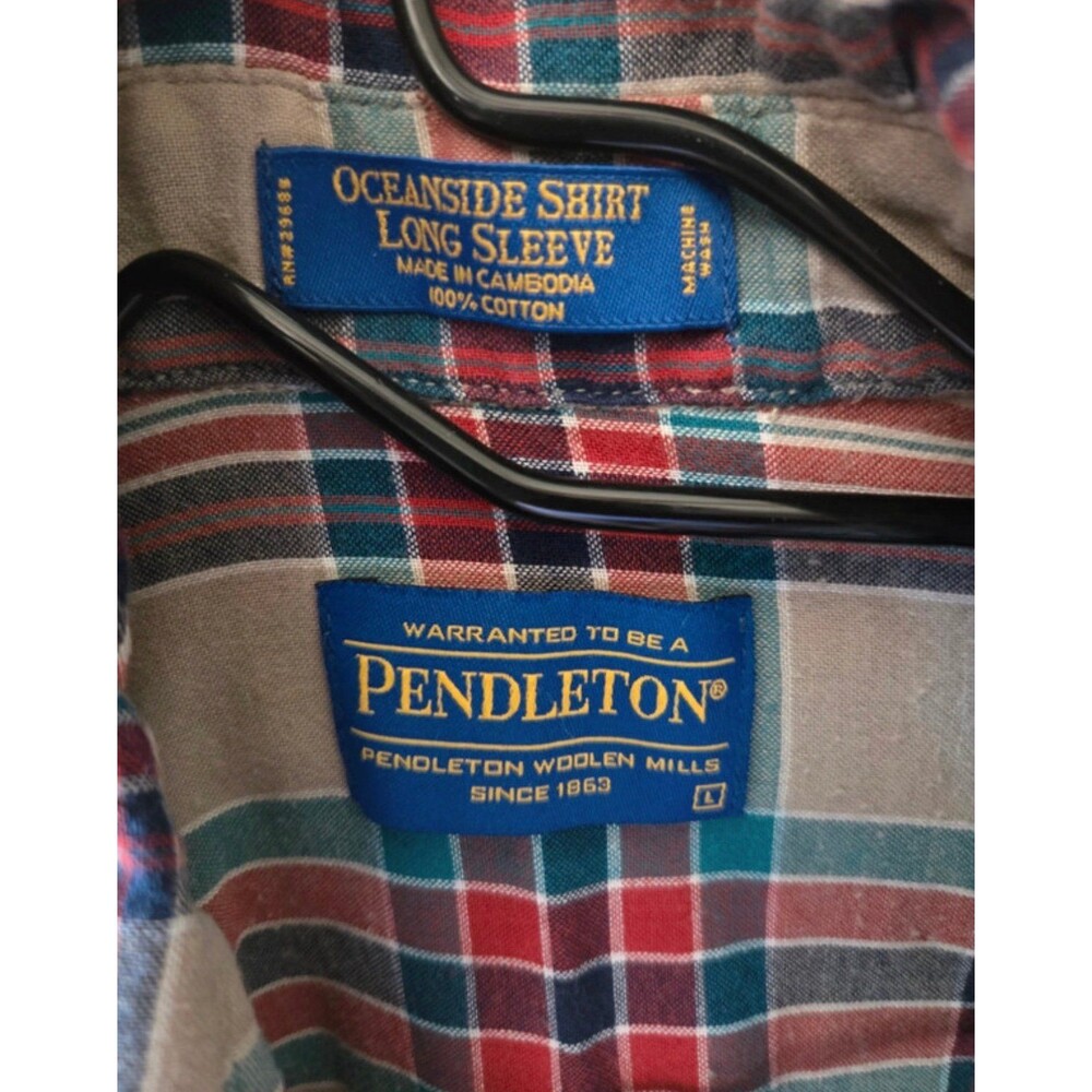 Pendleton Oceanside Shirt Mens L 100% Cotton Tan Orange Blue Long Sleeve
